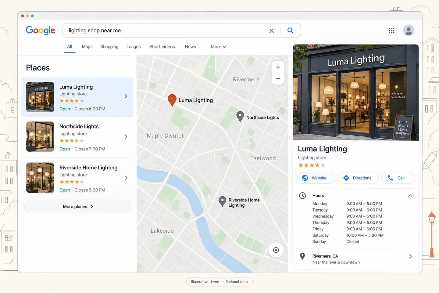 Local discovery — illustrative interface with fictional data