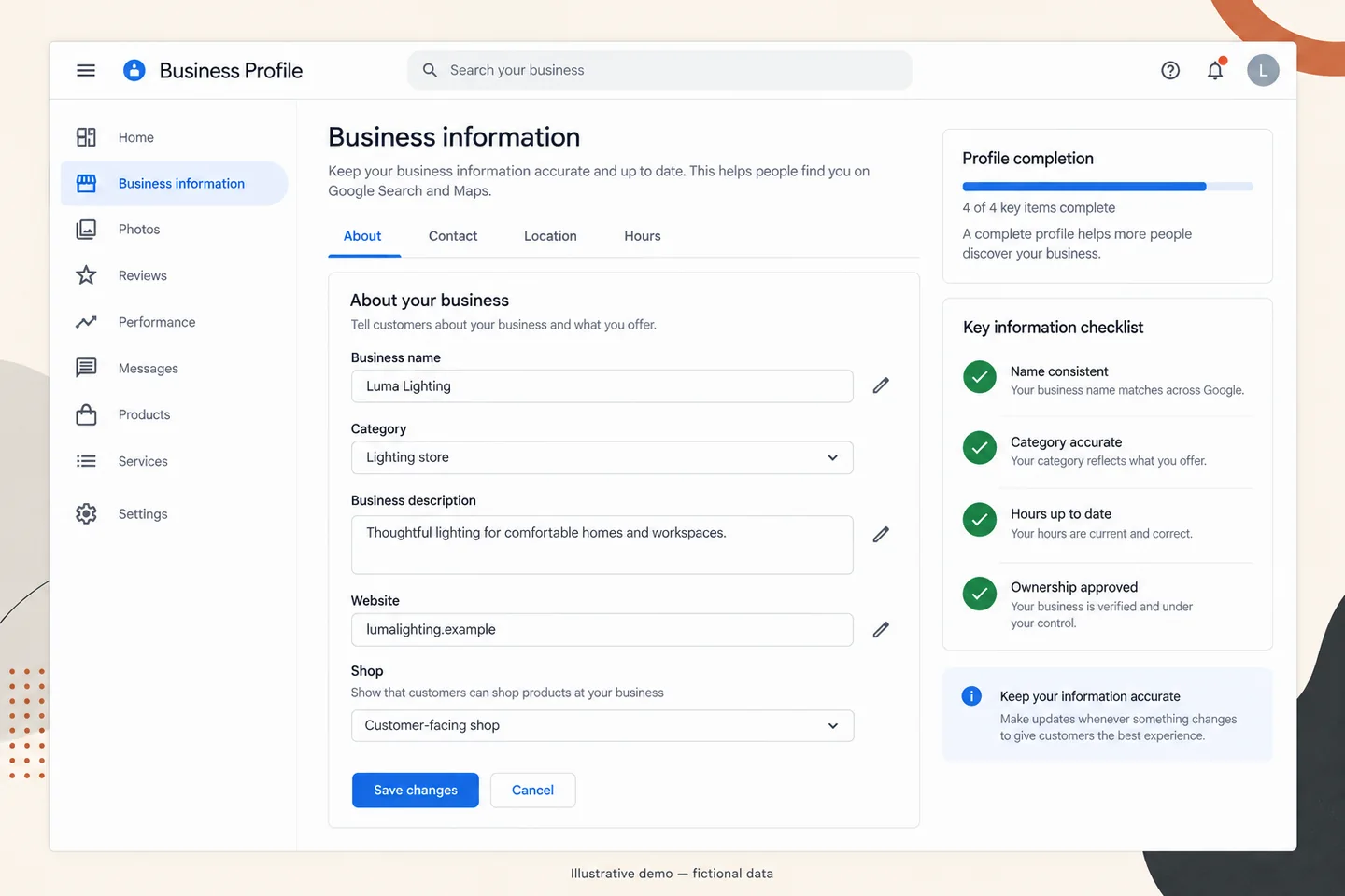 Business information — illustrative interface with fictional data